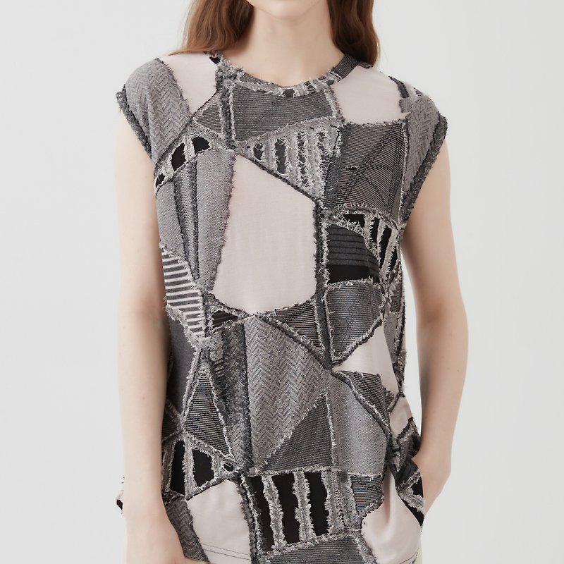 幾何学ジャガード・Tシャツ・キャップスリーブ・トップスチュニックKNXT425 - T 恤 - 其他材質 多色