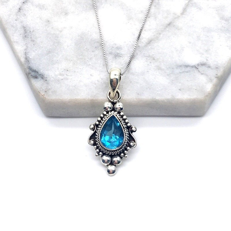 Blue Topaz 925 sterling silver Baroque style necklace Nepal handmade inlay - Necklaces - Other Materials Blue