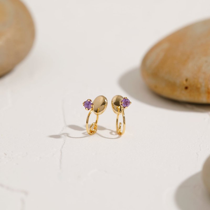 birthstone - February Amethyst Mini Loop Fit Clip-On Birthstone - ต่างหู - เครื่องเพชรพลอย สีทอง