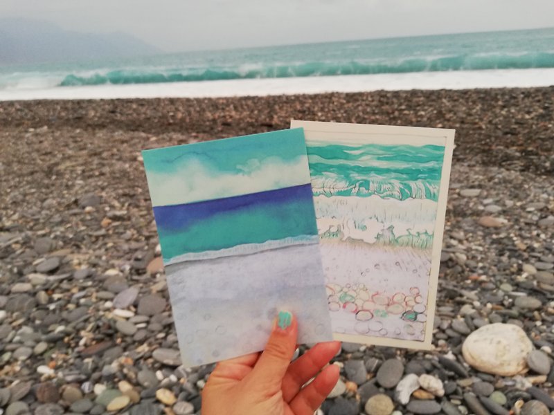 Liuyingchiehオーシャンポストカードセット、1セット、2枚、砂利のビーチで波を見る、花蓮はQixingtanからスケッチ - カード・はがき - 紙 