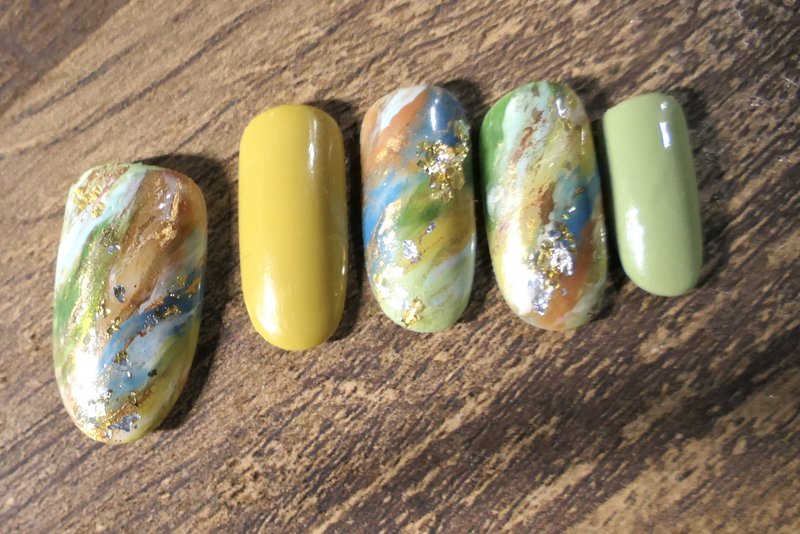 Mustard Yellow and Avocado Green Oil Painting Gel Nail Patches. Wearing Nails - Nail Polish & Acrylic Nails - Plastic Green