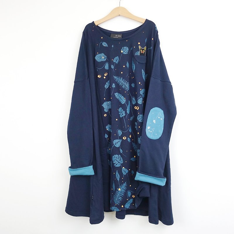 Firefly Cat / Umbrella Pocket Dress / Dark Blue - One Piece Dresses - Cotton & Hemp Blue