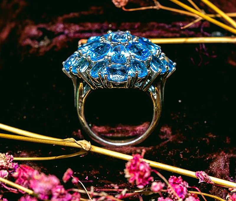 藍色托帕石純銀戒指 - 西洋古董首飾 - 戒指 - 純銀 
