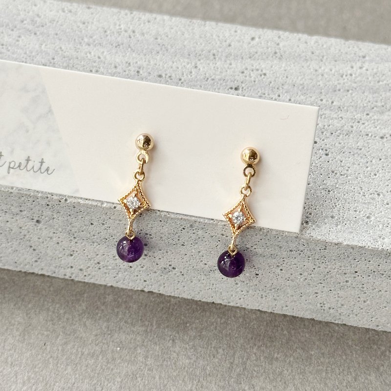 Natural amethyst rhombus Stone electroplated gold earrings birthday gift - Earrings & Clip-ons - Crystal Purple