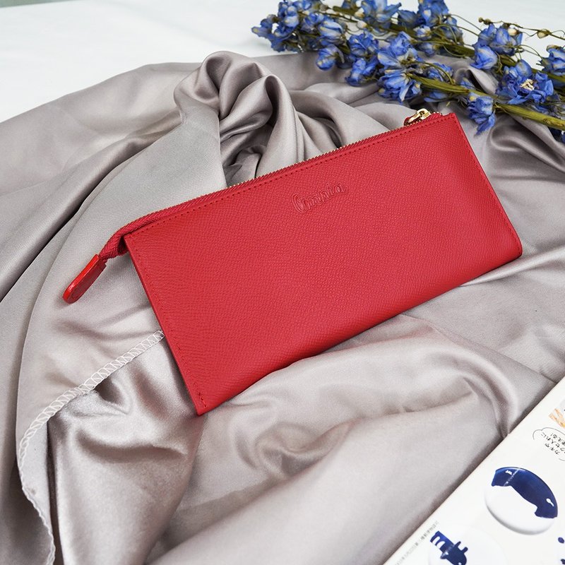 6 Cards 1 Photo Romantic Style Single Zipper Leather Long Clip (Red) - กระเป๋าสตางค์ - หนังแท้ สีแดง