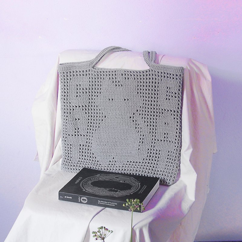 CAT CAT Personalized Pixel Arts Crochet Tote Bag ,Gray Crochet Tote Bag - Handbags & Totes - Other Materials Gray