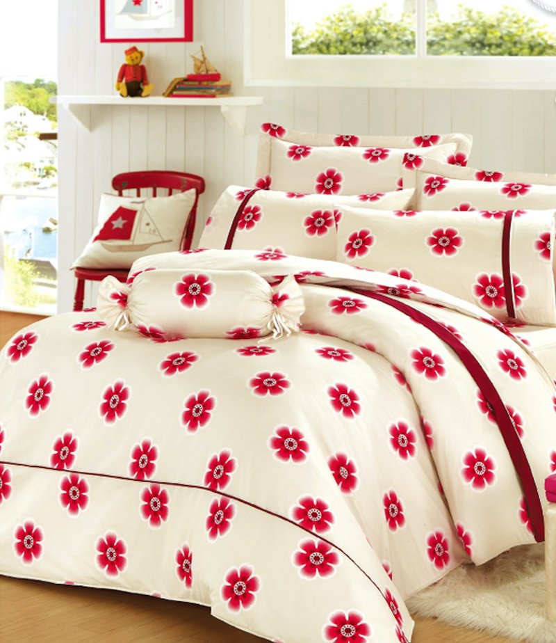 【R805 幸福花朵】100% 40支精梳棉 七件式全套組 - 寢具/床包 - 棉．麻 紅色