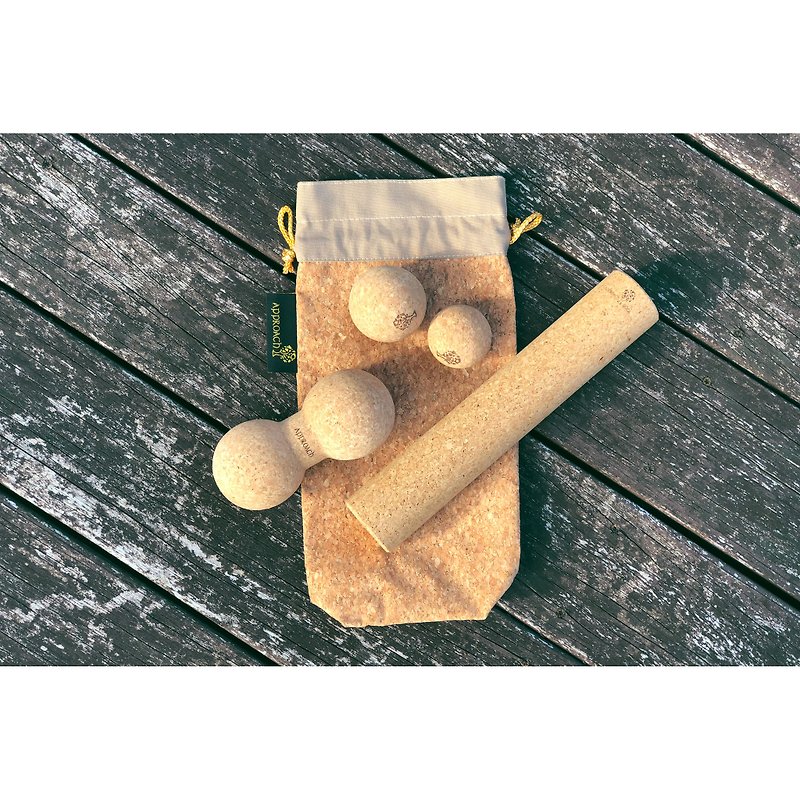 Approach Yoga Cork Massage Set for Muscle & Fascia Relief - Easy Carry - Fitness Equipment - Cork & Pine Wood Khaki