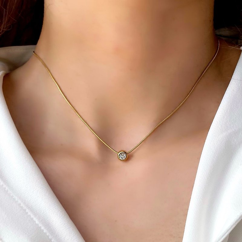 Dainty Bezel CZ Charms Necklace・Gold Snake Chain Necklace, Layering Necklace, - Necklaces - Stainless Steel Gold