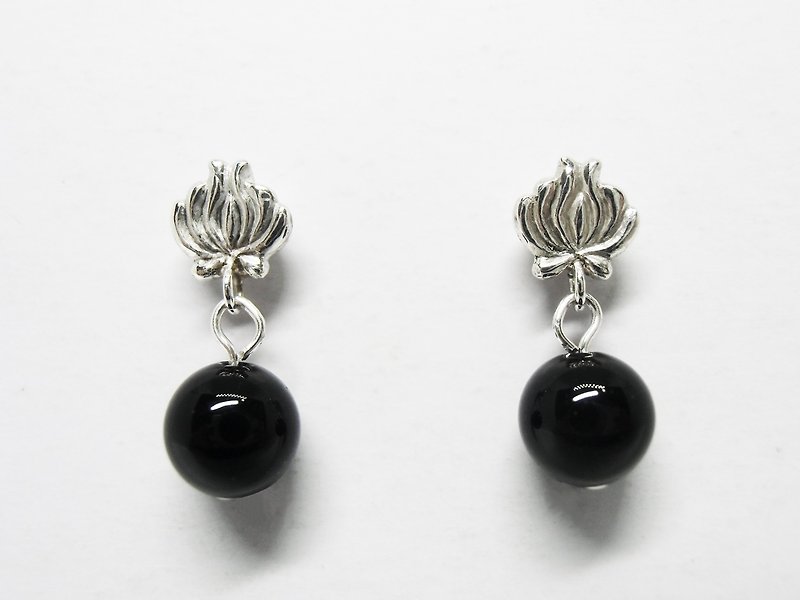 Hungarian embroidered flower earrings 2 Silver 925 onyx - Earrings & Clip-ons - Other Metals Silver