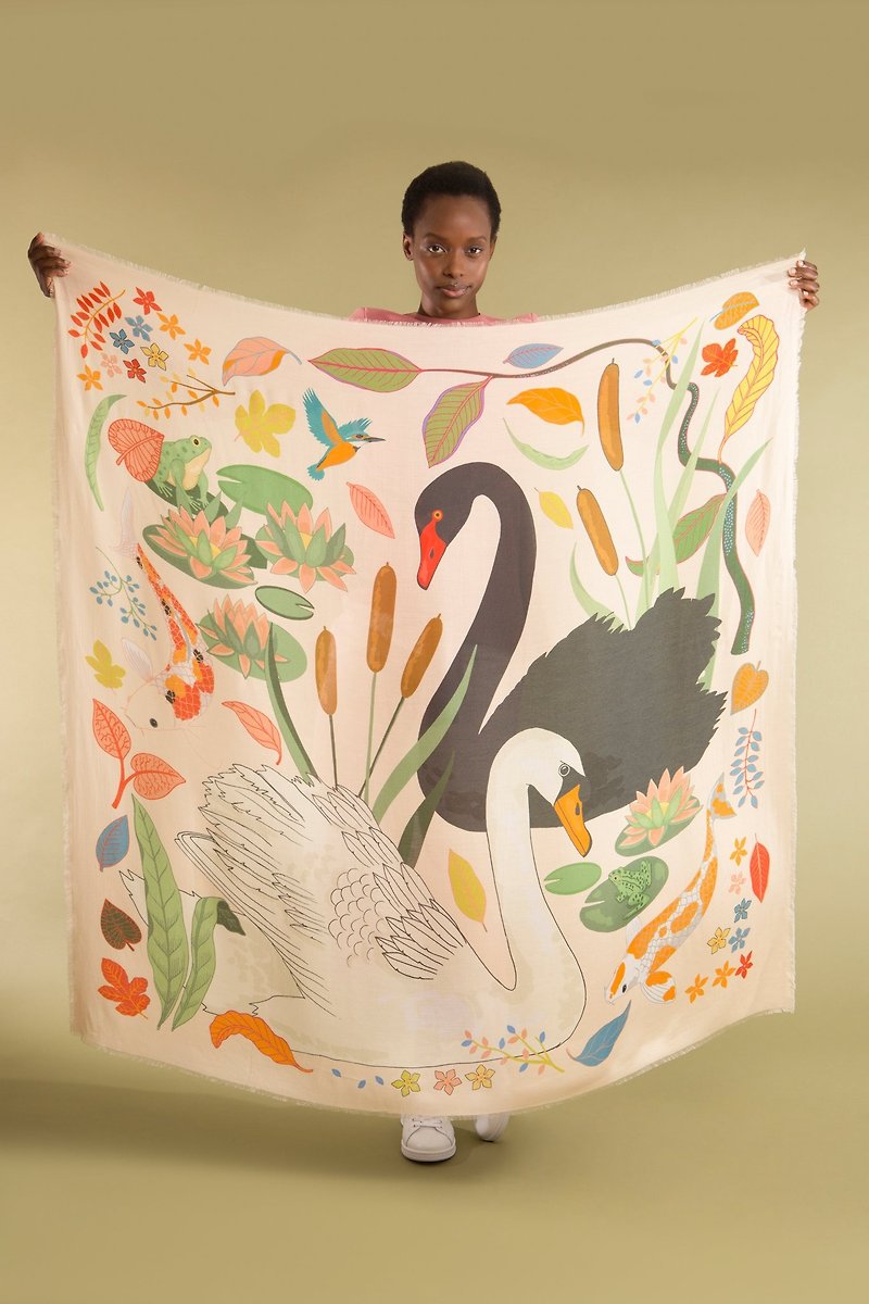 Swan Lake cashmere scarf shawl - ผ้าพันคอ - ขนแกะ สีกากี