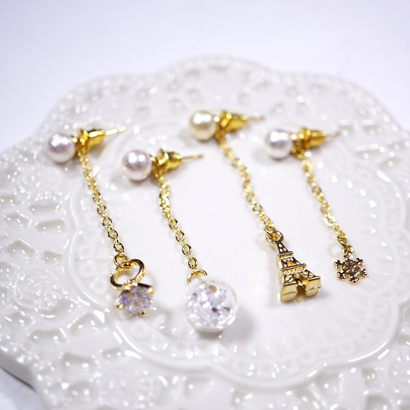 A Handmade cotton mix and match custom hanging earrings with pearl earrings - ต่างหู - เครื่องเพชรพลอย สีทอง