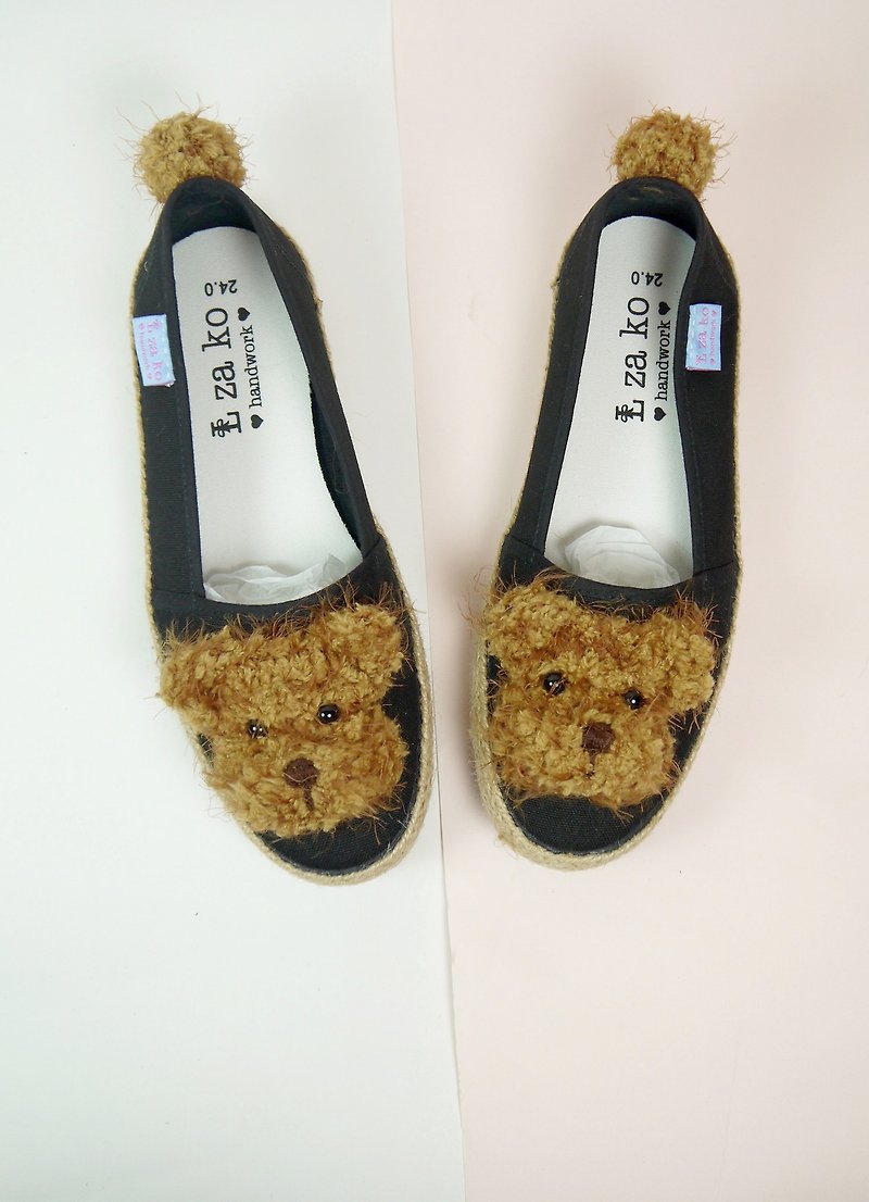 Black cotton hand made canvas shoes, raccoon bear models have woven models - Women's Casual Shoes - Cotton & Hemp Brown