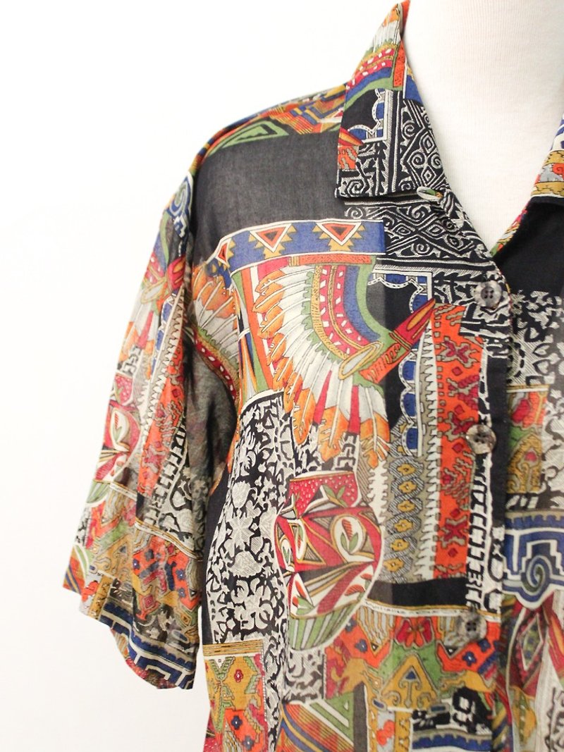 Retro Japanese Short Sleeve Earth Totem Short Sleeve Cotton Vintage Shirt Vintage Blouse - เสื้อเชิ้ตผู้หญิง - ผ้าฝ้าย/ผ้าลินิน สีส้ม