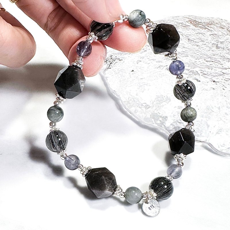 Ordinary Road - Black Hair Quartz. Eagle Eye Stone. Silver Obsidian - Sterling Silver Design Bracelet - Bracelets - Crystal Black