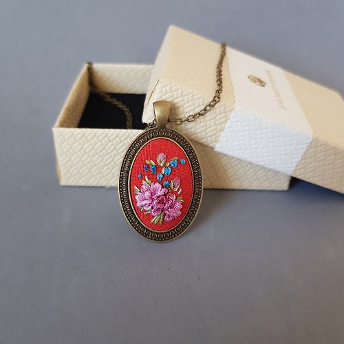 Embroidery Dreams Ribbon embroidered pendant for her, red embroidered jewelry necklace