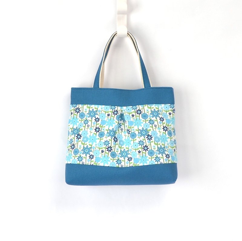 藍色小雛菊小手提包/托特包 手作 帆布 可愛 午餐外出包 - 手提包/手提袋 - 棉．麻 藍色