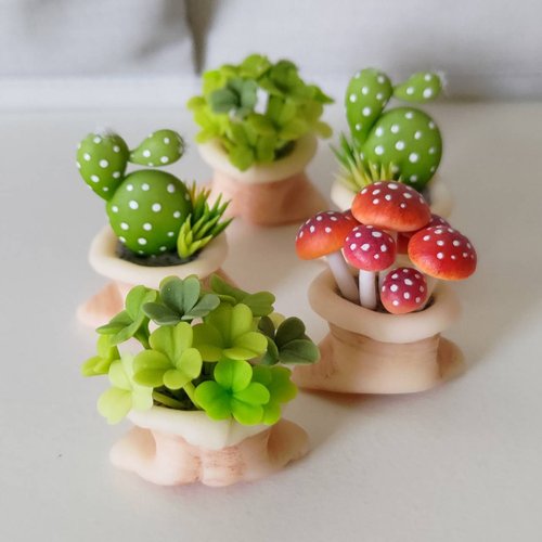 二月手築 黏土手作 小布袋系列 幸運草/紅菇菇/仙人掌 療癒小擺飾