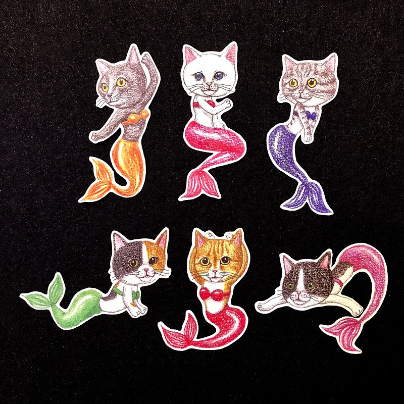 Color pencil hand-painted mermaid cat waterproof sticker set 6 pieces - สติกเกอร์ - กระดาษ 