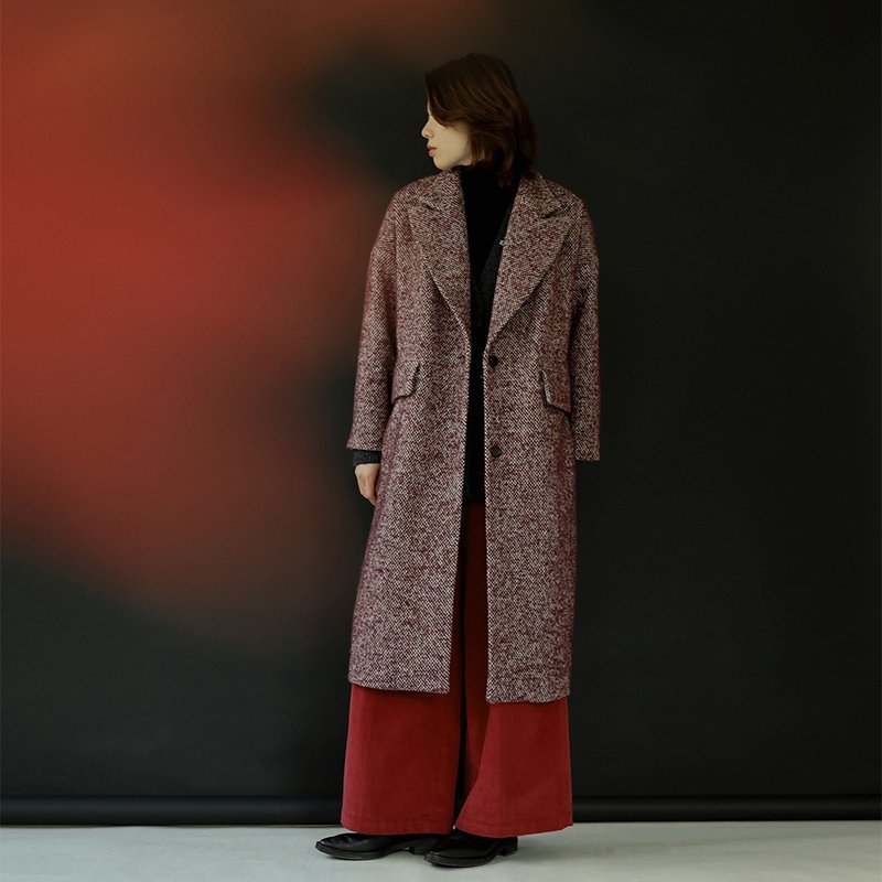 酒紅 羊毛編織毛呢大衣 長袖 單排扣 西裝領外套 - 女西裝外套 - 羊毛 