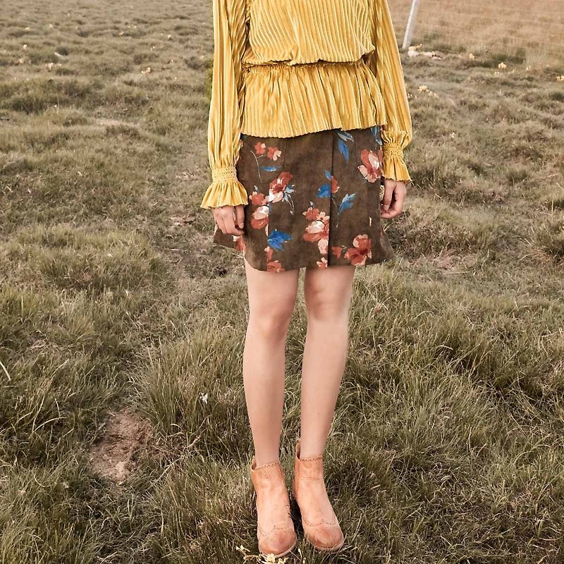 Anne Chen 2017 autumn new floral A word skirt - Skirts - Cotton & Hemp Green