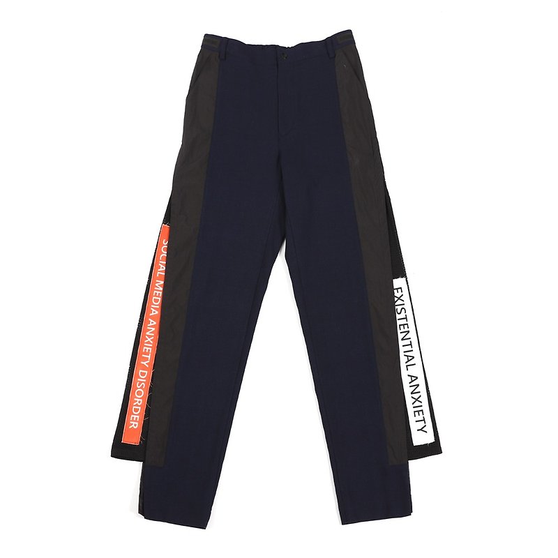 Stitching side slit wide pants (blue and black) - กางเกงขายาว - ขนแกะ สีน้ำเงิน