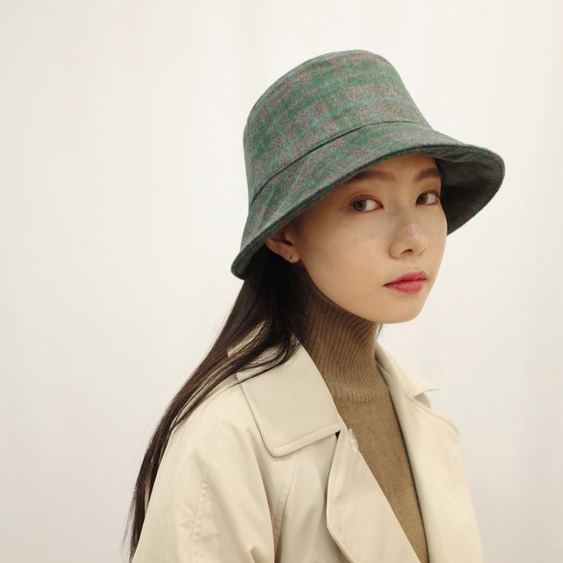 Wool fisherman hat-green plaid/fisherman hat/wool hat/cold hat/winter hat - Hats & Caps - Wool Green