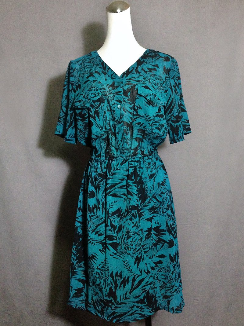 Ping-pong vintage [vintage dress / short sleeve pocket forest tiger vintage dress] abroad back VINTAGE - One Piece Dresses - Polyester Blue