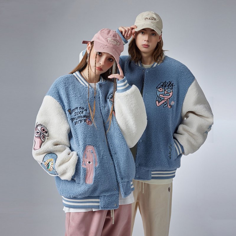 冬季藍色羊羔絨外套 情侶棒球服夾克刺繡棉服 - 男夾克/外套 - 棉．麻 