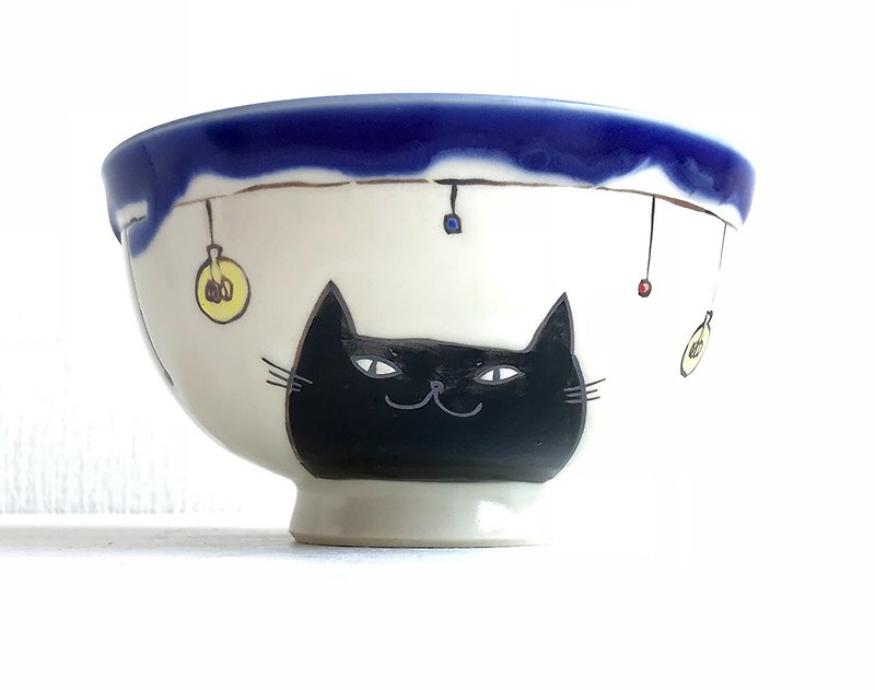 Rice cup with black cat and bare light bulb - ถ้วยชาม - ดินเผา สีน้ำเงิน