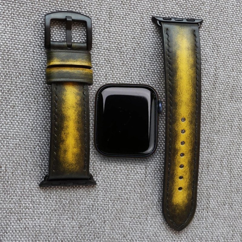 Apple watch Black-Yellow strap, genuine leather, handmade 38/40/41/42/44/45mm - Watchbands - Genuine Leather Black