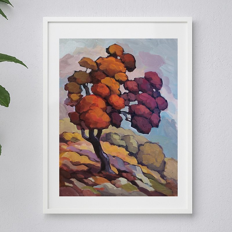 Cotton & Hemp Posters - Original painting on canvas Tree on the mountainside Tree poster
