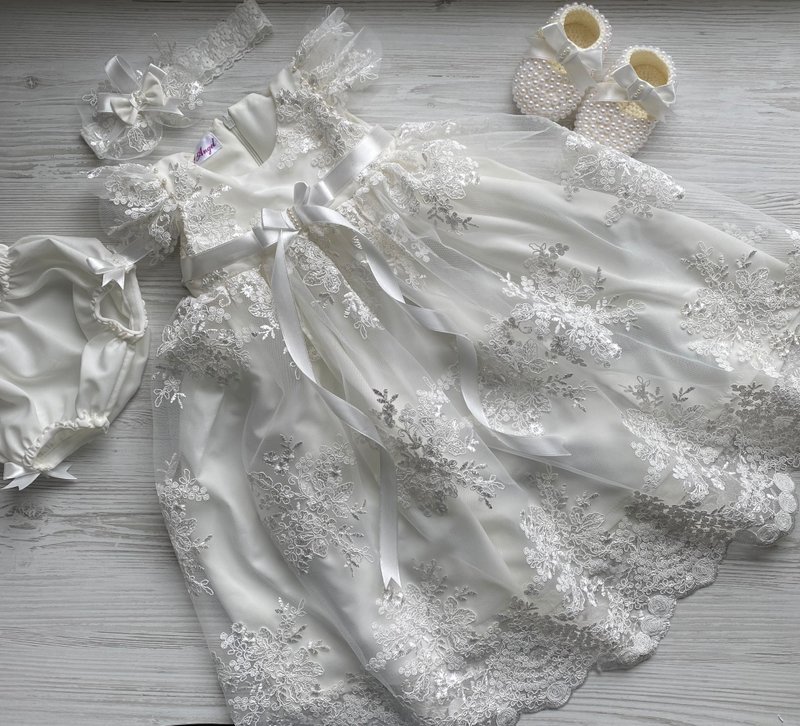 Ivory outfit for baby girl: dress, headband, panties and shoes. Baptism outfit. - ชุดเด็ก - วัสดุอื่นๆ 