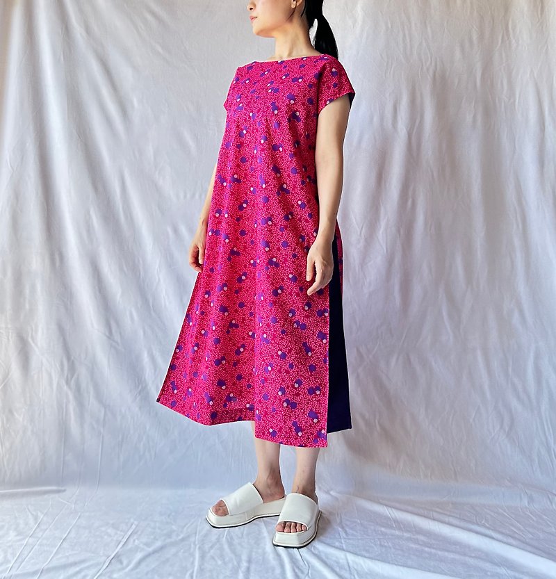 French Sleeve Combination Dress Summer Berry (pink)/purple - ワンピース - コットン・麻 ピンク