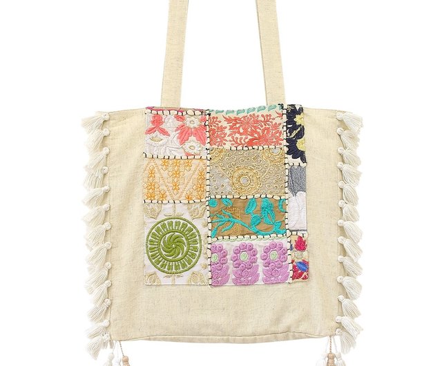 先行予約】インド製エスニック刺繍タッセルトートバッグ