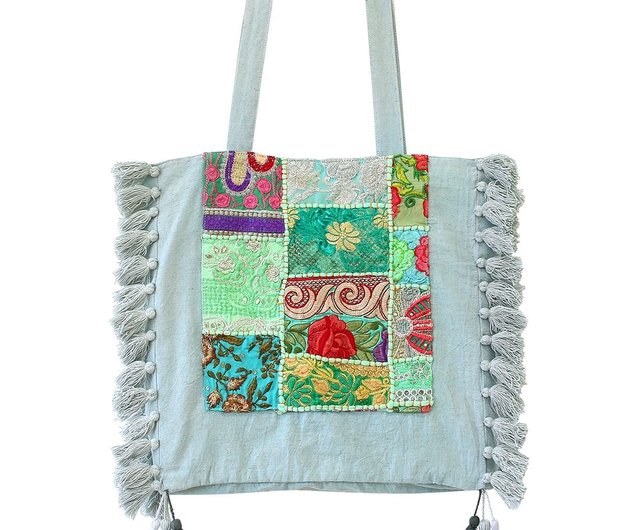 先行予約】インド製エスニック刺繍タッセルトートバッグ