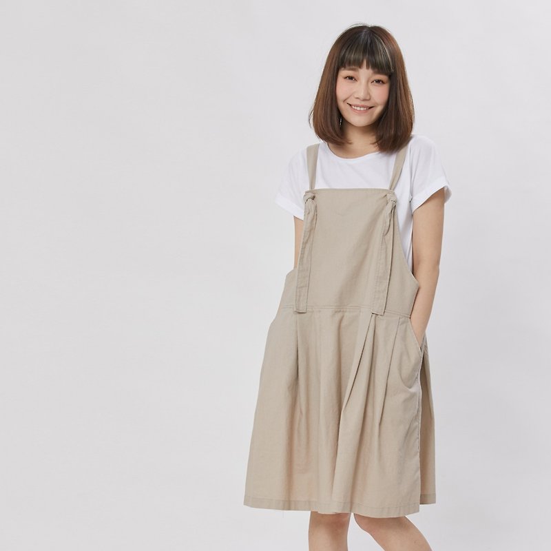 Evan Clean Line Pockets Overalls Skirt - ชุดเดรส - ผ้าฝ้าย/ผ้าลินิน สีกากี