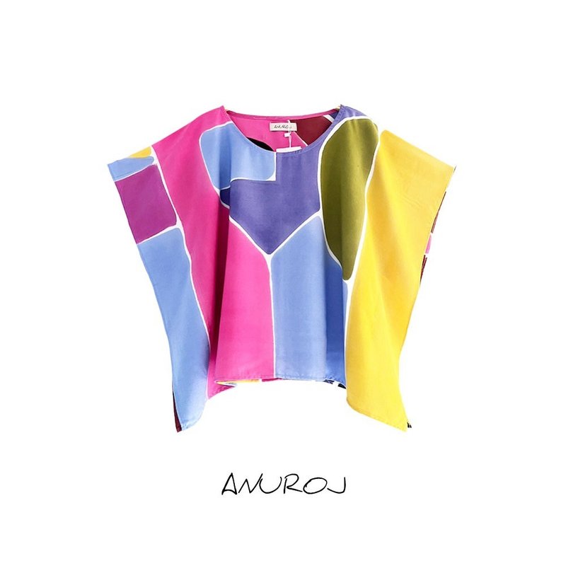 Poncho Cotton Rayon Blouse Hand paint For Summer Beach Vacation - 女上衣/長袖上衣 - 棉．麻 粉紅色