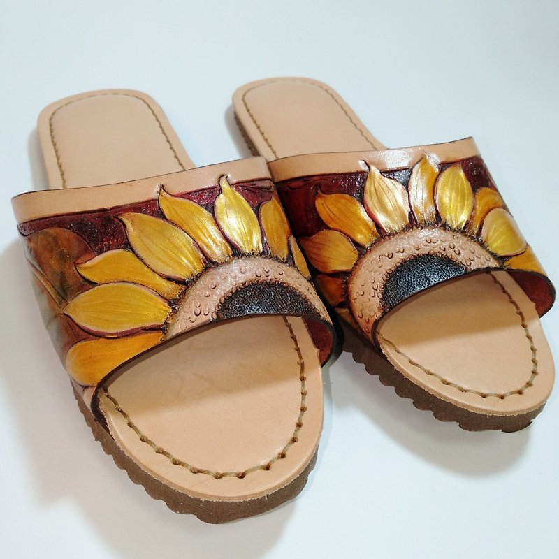 Pinot Leather Carved Indoor Slippers (Sunflower 2) - Indoor Slippers - Genuine Leather 