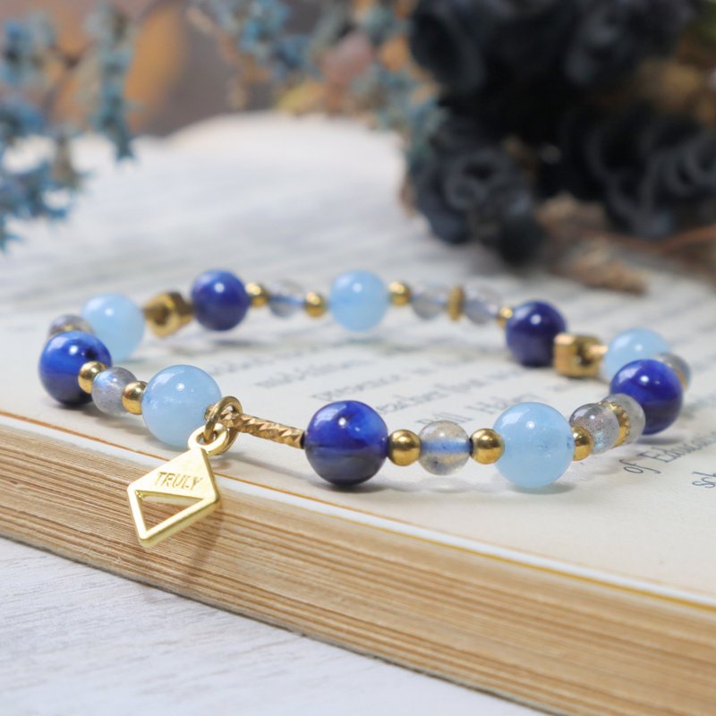 Blue memory Bronze bracelet aquamarine Stone/ Aquamarine / labradorite Tanabata gift customized - สร้อยข้อมือ - ทองแดงทองเหลือง สีน้ำเงิน