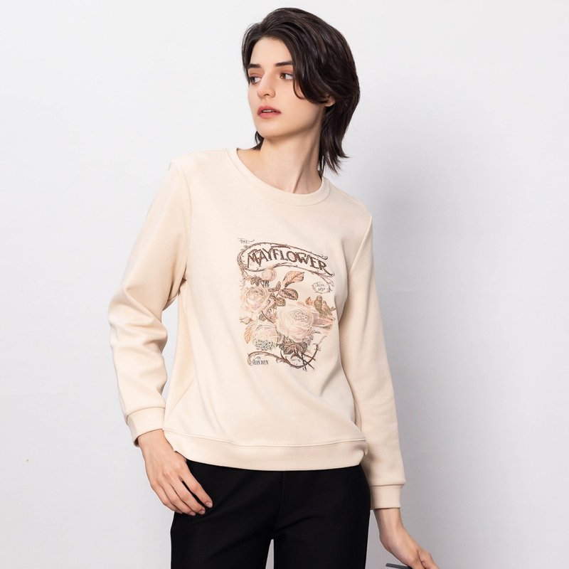 【Icare】Mayflower 刺繡印花T恤(M-L) | 女長袖T恤 女休閒上衣 - 女 T 恤 - 棉．麻 卡其色