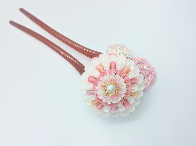 Pink, Orange and White Chrysanthemum Hair Sticks (Tsumami Kanzashi )(つまみ細工) - Hair Accessories - Resin Pink