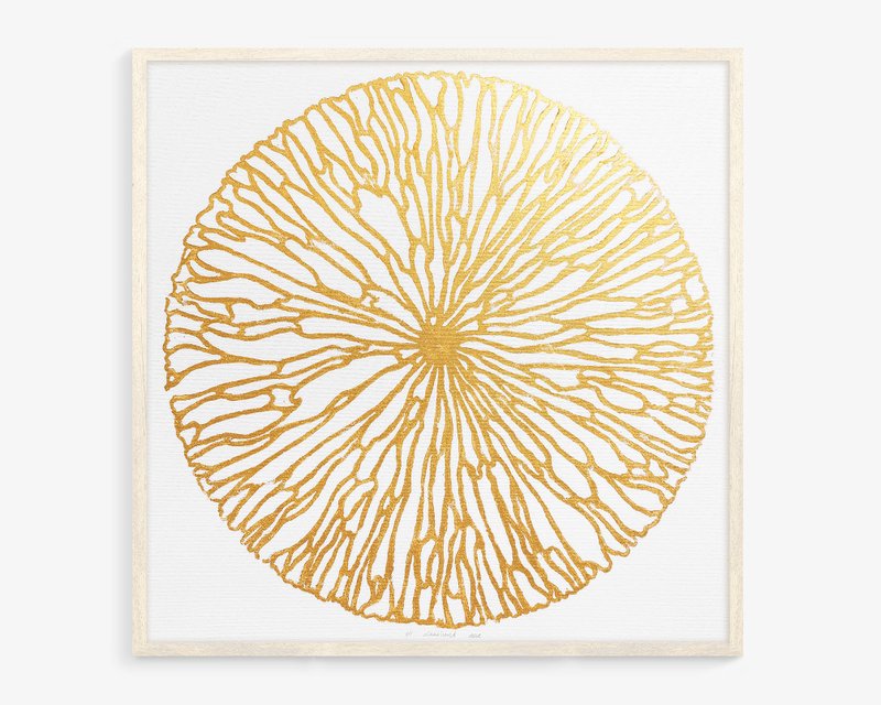 White Gold Abstract Flower Linocut Print Classical Living Room Wall Art Decor - Wall Décor - Paper Gold