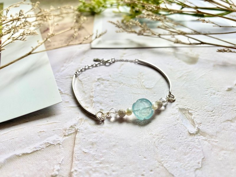 Rose Aquamarine and Freshwater Pearl Sterling Silver Bracelet Natural Stone Jewelry Natural Stone Bracelet Sterling Silver Bracelet - สร้อยข้อมือ - โลหะ สีเงิน