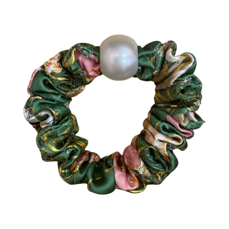 翠華 Sサイズ パール織錦シュシュ ヘアゴム ヘアアクセサリー - ヘアアクセサリー - シルク・絹 グリーン