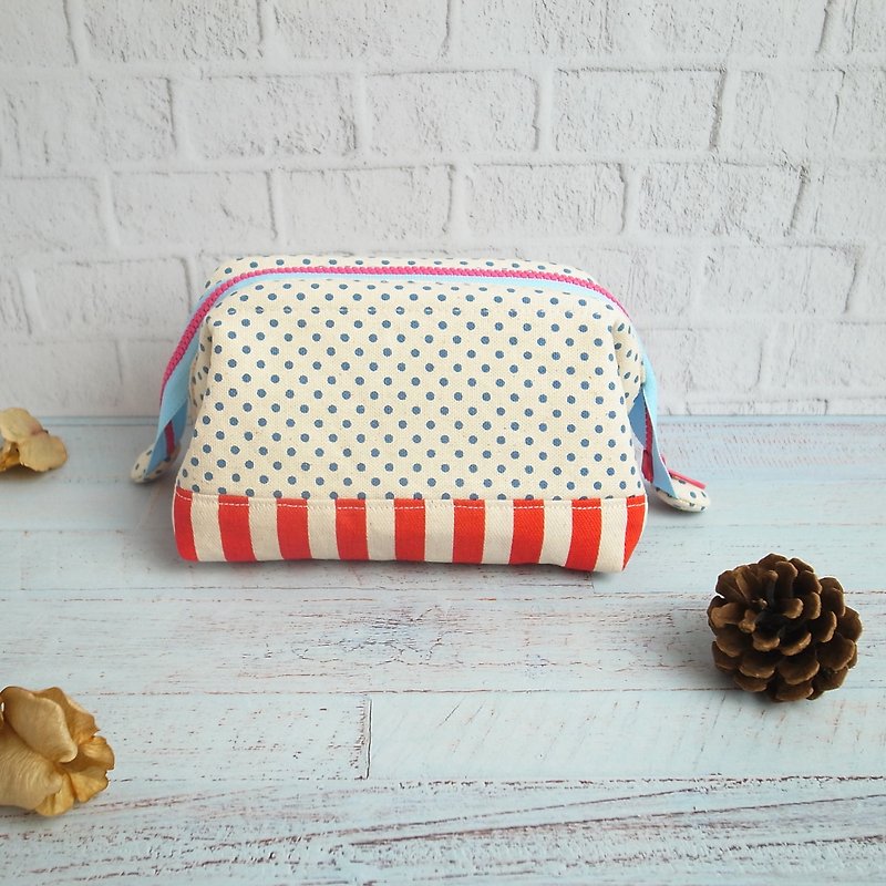 Big girl's cosmetic bag::: wave point series. Small blue dot on white - Toiletry Bags & Pouches - Cotton & Hemp White