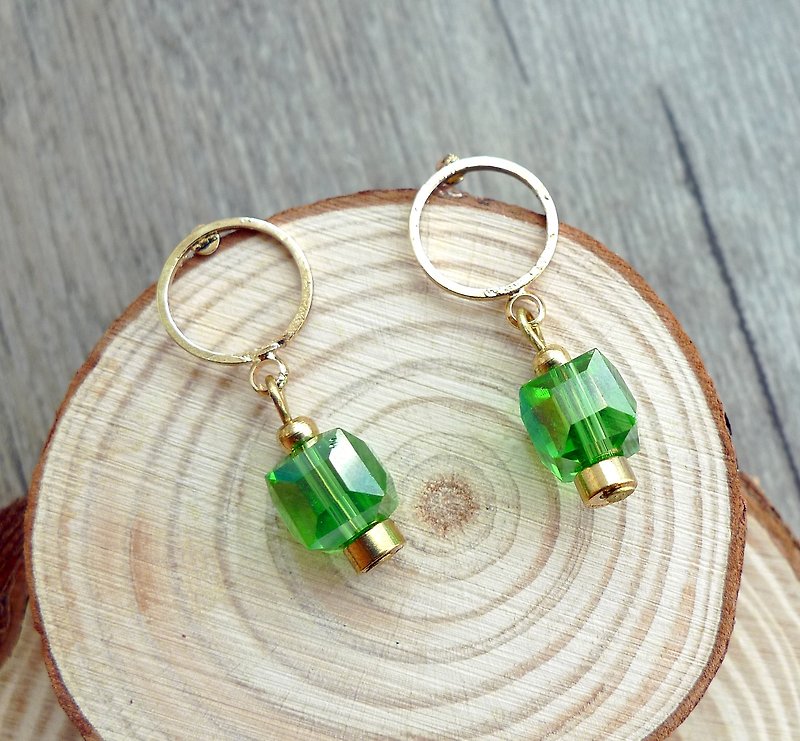 Misssheep- Ear Geometry Purple Green Crystal Brass Bead Earrings - Earrings & Clip-ons - Other Metals Green