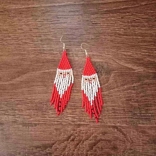 White Bird gallery of exquisite jewelry from Halyna Nalyvaiko Santa Claus earrings Christmas gift Long beaded earrings Long red fringe earring