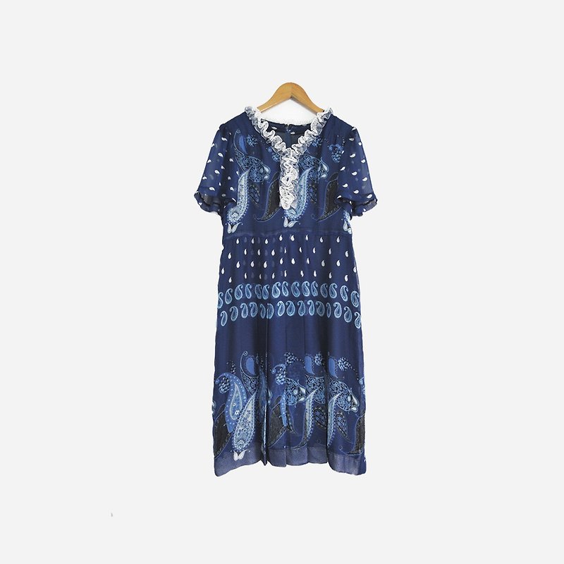 脫臼古著 / 變形蟲荷葉領洋裝 no.628  vintage - 洋裝/連身裙 - 其他材質 藍色