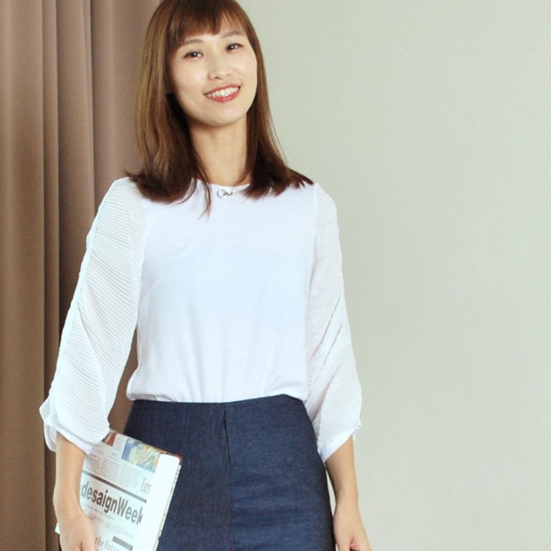 白色打摺半袖棉質T-Shirt - 女 T 恤 - 其他人造纖維 白色